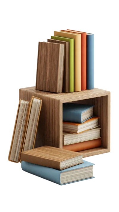 3D Wooden Bookshelf with Colorful Stacked Books