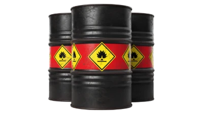 3D Industrial Black Metal Oil Barrels with Flammable Hazard Warning Labels