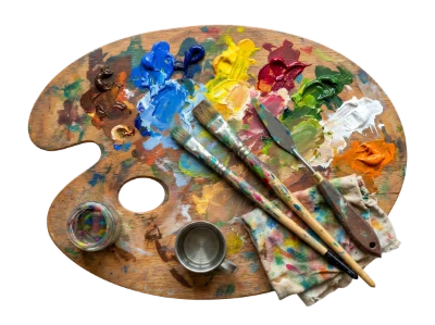 Wooden Artist Palette with Oil Paints Brushes and Palette Knife