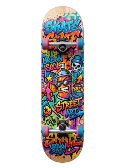 Skateboard with vibrant graffiti street art illustration