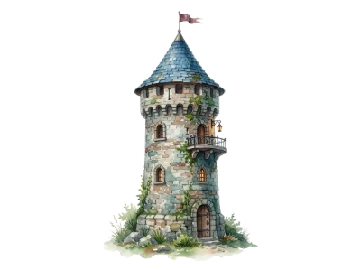 Medieval Stone Castle Tower Watercolor