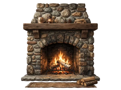 Cozy Stone Fireplace Illustration with Burning Logs and Rustic Decor