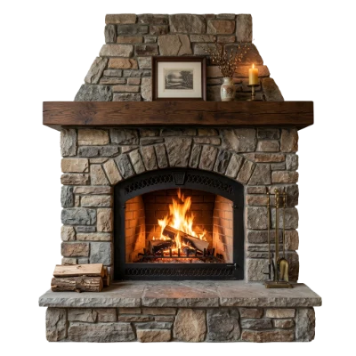 Stone Fireplace With Fire