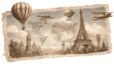 Vintage Travel Illustration with Eiffel Tower and Hot Air Balloons