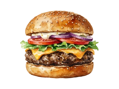 Delicious Watercolor Cheeseburger with Fresh Vegetables