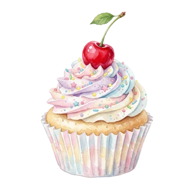 Watercolor cupcake with cherry topping and colorful sprinkles