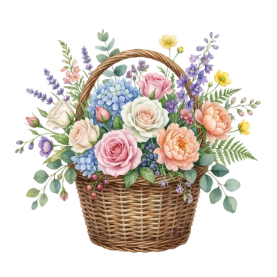 Watercolor Flower Basket Arrangement