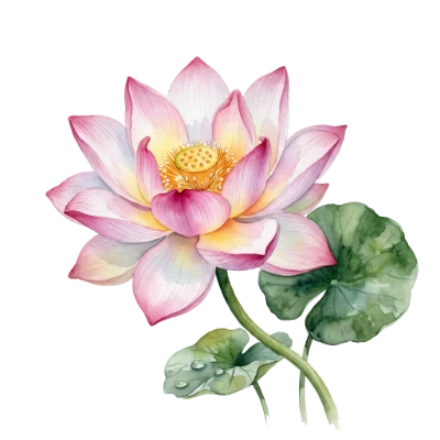 Watercolor Pink Lotus Flower with Green Leaves