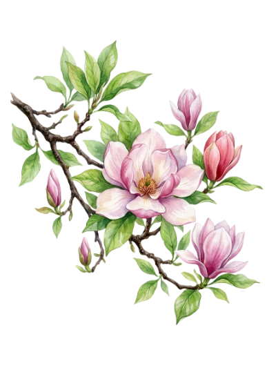Watercolor Magnolia Flower Branch
