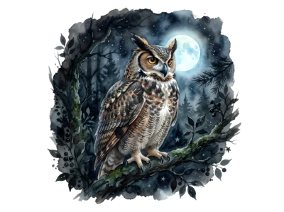Watercolor Great Horned Owl in Night Forest