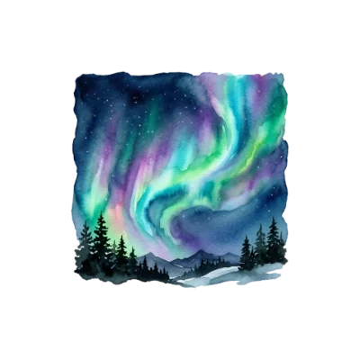 Watercolor Northern Lights Landscape
