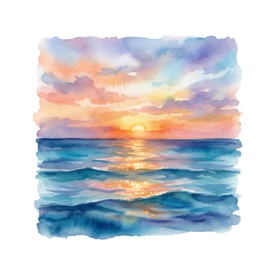 Watercolor Ocean Sunset Landscape