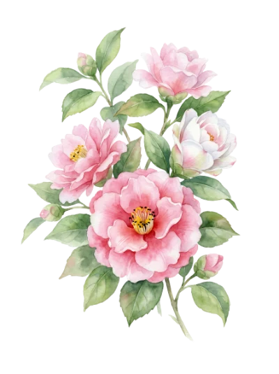 Watercolor Pink Camellia Flowers
