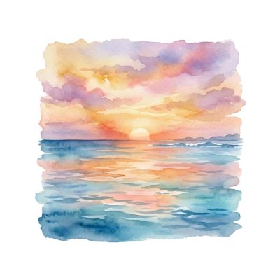 Watercolor Sunset Ocean Landscape