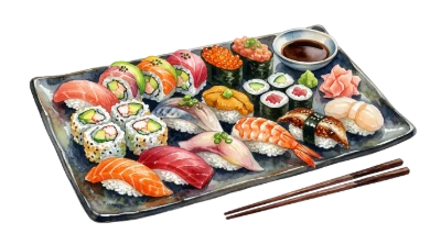 Watercolor Sushi Platter Illustration