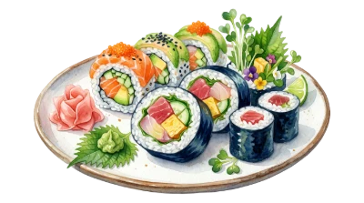 Watercolor Sushi Platter Illustration