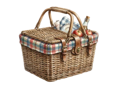 Watercolor Wicker Picnic Basket with Food and Drinks